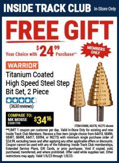 Harbor Freight FREE Coupon TITANIUM COATED HIGH SPEED STEEL STEP BIT SET, 2 PIECE Lot No. 96275/69088/60378 Expired: 1/8/23 - FWP