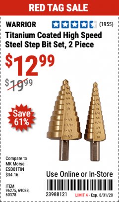 Harbor Freight Coupon TITANIUM COATED HIGH SPEED STEEL STEP BIT SET, 2 PIECE Lot No. 96275/69088/60378 Expired: 8/31/20 - $12.99