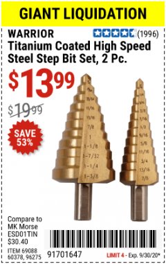 Harbor Freight Coupon TITANIUM COATED HIGH SPEED STEEL STEP BIT SET, 2 PIECE Lot No. 96275/69088/60378 Expired: 9/30/20 - $13.99
