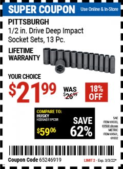 Harbor Freight Coupon 1/2" DRIVE IMPACT DEEP SOCKET SETS, 13 PC. Lot No. 69560/67903/69280/69333/69561/67904/69279/69332 Expired: 3/3/22 - $21.99