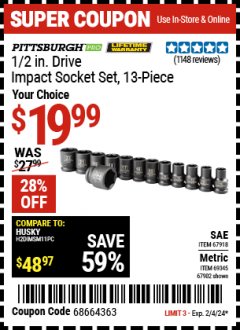 Harbor Freight Coupon 1/2" DRIVE IMPACT DEEP SOCKET SETS, 13 PC. Lot No. 69560/67903/69280/69333/69561/67904/69279/69332 Expired: 2/4/24 - $19.99
