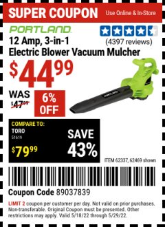 Harbor Freight Coupon 3-IN-1 CORDED ELECTRIC BLOWER VACUUM MULCHER Lot No. 62337/62469 Expired: 5/29/22 - $44.99