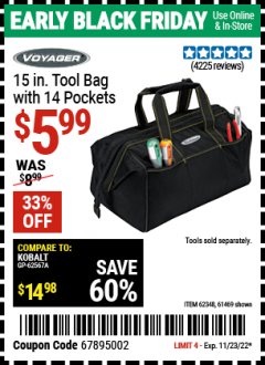 Harbor Freight Coupon 15" TOOL BAG WITH 14 POCKETS Lot No. 61469/62348/62341 Expired: 11/23/22 - $5.99