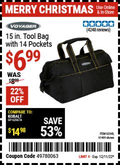 Harbor Freight Coupon 15" TOOL BAG WITH 14 POCKETS Lot No. 61469/62348/62341 Expired: 12/11/22 - $6.99