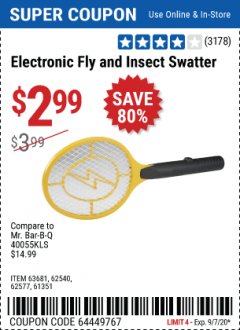 Harbor Freight Coupon ELECTRIC FLY & INSECT SWATTER Lot No. 63681/40122/61351/62540/62577 Expired: 9/7/20 - $2.99
