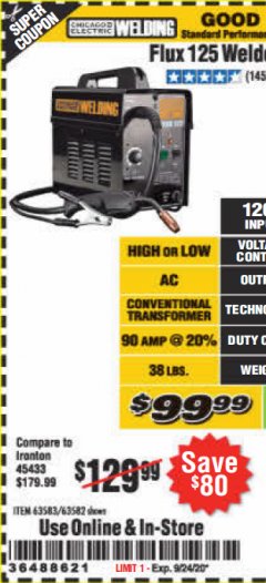 Harbor Freight Coupon 125 WELDER Lot No. 63583 Expired: 9/24/20 - $99.99