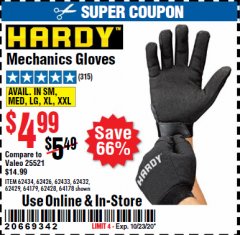 Harbor Freight Coupon HARDY MECHANICS GLOVES Lot No. 62434, 62426, 62433, 62432, 62429, 64179, 62428, 64178 Expired: 10/23/20 - $4.99