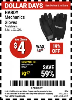 Harbor Freight Coupon HARDY MECHANICS GLOVES Lot No. 62434, 62426, 62433, 62432, 62429, 64179, 62428, 64178 Expired: 2/6/22 - $4