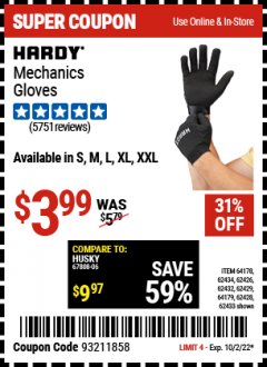 Harbor Freight Coupon HARDY MECHANICS GLOVES Lot No. 62434, 62426, 62433, 62432, 62429, 64179, 62428, 64178 Expired: 10/2/22 - $3.99
