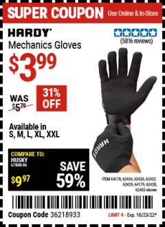 Harbor Freight Coupon HARDY MECHANICS GLOVES Lot No. 62434, 62426, 62433, 62432, 62429, 64179, 62428, 64178 Expired: 10/23/22 - $3.99