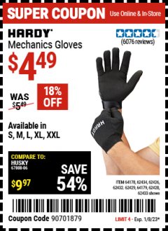 Harbor Freight Coupon HARDY MECHANICS GLOVES Lot No. 62434, 62426, 62433, 62432, 62429, 64179, 62428, 64178 Expired: 1/8/23 - $4.49
