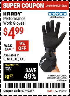 Harbor Freight Coupon HARDY MECHANICS GLOVES Lot No. 62434, 62426, 62433, 62432, 62429, 64179, 62428, 64178 Expired: 7/16/23 - $4.99