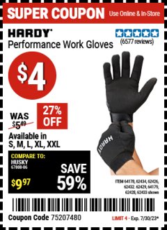 Harbor Freight Coupon HARDY MECHANICS GLOVES Lot No. 62434, 62426, 62433, 62432, 62429, 64179, 62428, 64178 Expired: 7/30/23 - $4