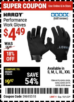 Harbor Freight Coupon HARDY MECHANICS GLOVES Lot No. 62434, 62426, 62433, 62432, 62429, 64179, 62428, 64178 Expired: 10/1/23 - $4.49