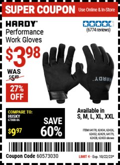 Harbor Freight Coupon HARDY MECHANICS GLOVES Lot No. 62434, 62426, 62433, 62432, 62429, 64179, 62428, 64178 Expired: 10/22/23 - $3.98