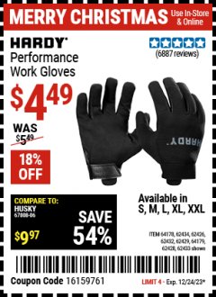 Harbor Freight Coupon HARDY MECHANICS GLOVES Lot No. 62434, 62426, 62433, 62432, 62429, 64179, 62428, 64178 Expired: 12/24/23 - $4.49
