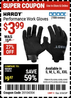 Harbor Freight Coupon HARDY MECHANICS GLOVES Lot No. 62434, 62426, 62433, 62432, 62429, 64179, 62428, 64178 Expired: 3/24/24 - $3.99