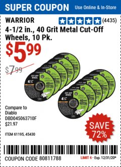 Harbor Freight Coupon 4 1/2 IN. CUT OFF WHEELS Lot No. 61195, 45430 Expired: 12/31/20 - $5.99