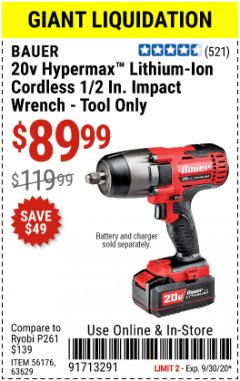 Harbor Freight Coupon 20V HYPERMAX LITHIUM-ION CORDLESS 1/2 IN. IMPACT WRENCH - TOOL ONLY Lot No. 63629 Expired: 9/30/20 - $89.99