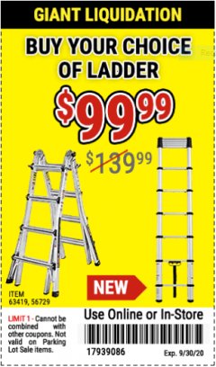 Harbor Freight Coupon LADDER OF YOUR CHOICE Lot No. 63419, 56729 Expired: 9/30/20 - $99.99