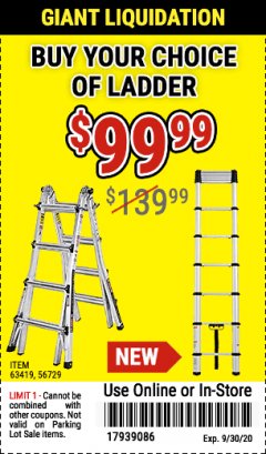 Harbor Freight Coupon LADDER OF YOUR CHOICE Lot No. 63419, 56729 Expired: 9/30/20 - $99.99