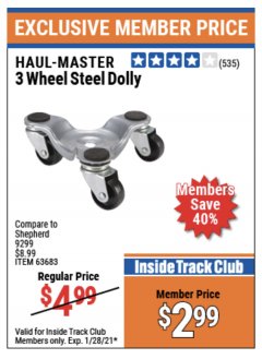 Harbor Freight ITC Coupon 3 WHEEL STEEL DOLLY - HAUL-MASTER Lot No. 63683 Expired: 1/28/21 - $2.99