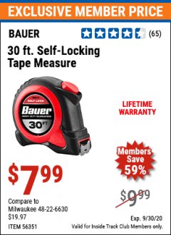 Harbor Freight ITC Coupon 30 FT. SELF-LOCKING TAPE MEASURE Lot No. 56351 Expired: 9/30/20 - $7.99