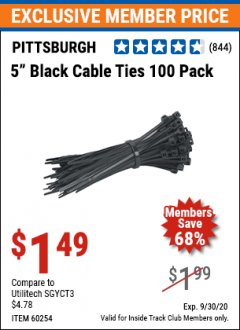 Harbor Freight ITC Coupon 5 IN. BLACK CABLE TIES 100 PK. Lot No. 60254 Expired: 9/30/20 - $1.49