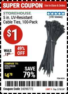 Harbor Freight Coupon 5 IN. BLACK CABLE TIES 100 PK. Lot No. 60254 Expired: 2/18/24 - $1