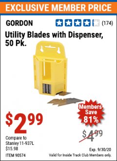 Harbor Freight ITC Coupon UTILITY BLADES WITH DISPENSER, 50 PK. Lot No. 90574 Expired: 9/30/20 - $2.99