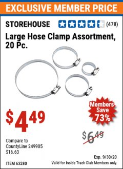 Harbor Freight ITC Coupon LARGE HOSE CLAMP ASSORTMENT, 20 PC Lot No. 63280 Expired: 9/30/20 - $4.49