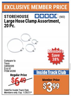 Harbor Freight ITC Coupon LARGE HOSE CLAMP ASSORTMENT, 20 PC Lot No. 63280 Expired: 1/28/21 - $3.99