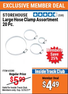 Harbor Freight ITC Coupon LARGE HOSE CLAMP ASSORTMENT, 20 PC Lot No. 63280 Expired: 3/25/21 - $4.49