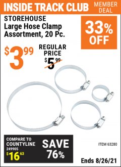 Harbor Freight ITC Coupon LARGE HOSE CLAMP ASSORTMENT, 20 PC Lot No. 63280 Expired: 8/26/21 - $3.99