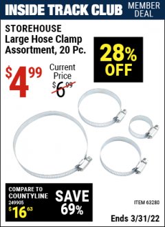 Harbor Freight ITC Coupon LARGE HOSE CLAMP ASSORTMENT, 20 PC Lot No. 63280 Expired: 3/31/22 - $4.99