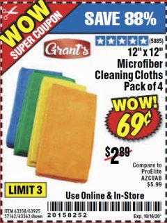 Harbor Freight Coupon GRANT'S MICROFIBER CLEANING CLOTH 12 IN X 12 IN, 4 PK Lot No. 63358, 63925, 57162, 63363 Expired: 10/16/20 - $0.69