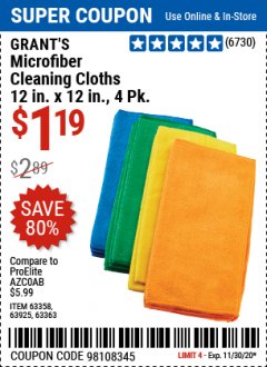 Harbor Freight Coupon GRANT'S MICROFIBER CLEANING CLOTH 12 IN X 12 IN, 4 PK Lot No. 63358, 63925, 57162, 63363 Expired: 11/30/20 - $1.19