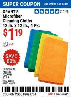 Harbor Freight Coupon GRANT'S MICROFIBER CLEANING CLOTH 12 IN X 12 IN, 4 PK Lot No. 63358, 63925, 57162, 63363 Expired: 12/3/20 - $1.19