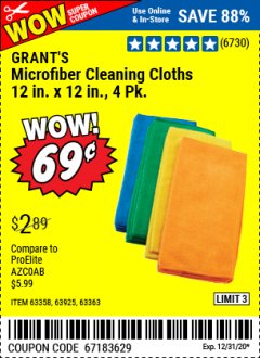 Harbor Freight Coupon GRANT'S MICROFIBER CLEANING CLOTH 12 IN X 12 IN, 4 PK Lot No. 63358, 63925, 57162, 63363 Expired: 12/31/20 - $0.69