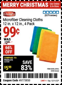 Harbor Freight Coupon GRANT'S MICROFIBER CLEANING CLOTH 12 IN X 12 IN, 4 PK Lot No. 63358, 63925, 57162, 63363 Expired: 12/11/22 - $0.99