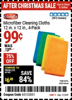 Harbor Freight Coupon GRANT'S MICROFIBER CLEANING CLOTH 12 IN X 12 IN, 4 PK Lot No. 63358, 63925, 57162, 63363 Expired: 1/7/24 - $0.99
