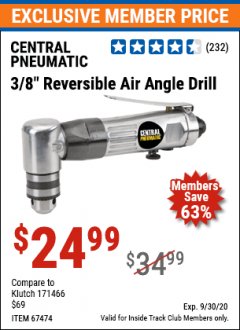 Harbor Freight ITC Coupon CENTRAL PNEUMATIC 3/8" REVERSIBLE AIR ANGLE DRILL Lot No. 67474 Expired: 9/30/20 - $24.99