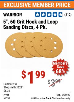 Harbor Freight ITC Coupon WARRIOR 5", 60 GRIT HOOK AND LOP SANDING DISK, 4 PK. Lot No. 69956 Expired: 9/30/20 - $1.99