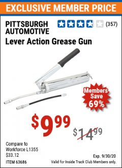 Harbor Freight ITC Coupon PITTSBURG AUTOMOTIVE LEVER ACTION GREASE GUN Lot No. 63686 Expired: 9/30/20 - $9.99