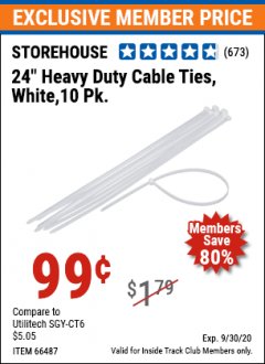 Harbor Freight ITC Coupon 24 IN. HEAVY DUTY CABLE TIES 10 PK. Lot No. 66487 Expired: 9/30/20 - $0.99