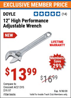 Harbor Freight ITC Coupon DOYLE 12 IN. HIGH PERFORMANCE ADJUSTABLE WRENCH Lot No. 56656 Expired: 9/30/20 - $13.99
