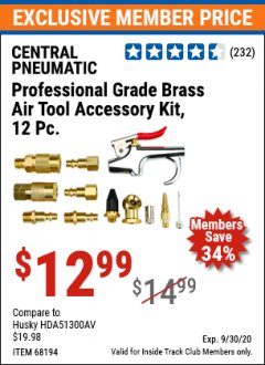 Harbor Freight ITC Coupon CENTRAL PNEUMATIC PROFESSIONAL GRADE BRASS AIR TOOL ACCESSORY KIT, 12 PC. Lot No. 68194 Expired: 9/30/20 - $12.99