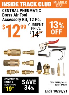 Harbor Freight ITC Coupon CENTRAL PNEUMATIC PROFESSIONAL GRADE BRASS AIR TOOL ACCESSORY KIT, 12 PC. Lot No. 68194 Expired: 10/28/21 - $12.99