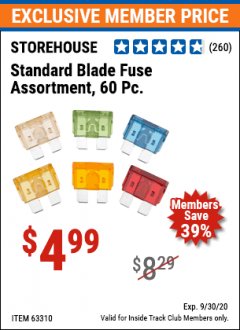 Harbor Freight ITC Coupon STOREHOUSE STANDARD BLADE FUSE ASSORTMENT, 60 PC. Lot No. 63310 Expired: 9/30/20 - $4.99