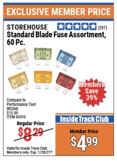 Harbor Freight ITC Coupon STOREHOUSE STANDARD BLADE FUSE ASSORTMENT, 60 PC. Lot No. 63310 Expired: 1/28/21 - $4.99